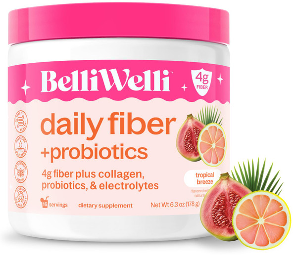 Belli Welli Fiber Supplement Powder with Prebiotics for Digestive Health and GLP-1 Support, Soluble Fiber for Gut Health & Debloat, Keto, Gluten Free, 16 Servings (1 Pack) Tropical