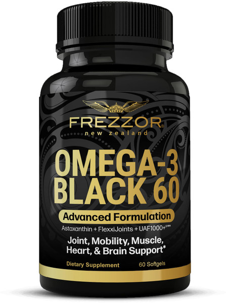 FREZZOR Omega 3 Black for Joint Care & Comfort - New Zealand Green Lipped Mussel Oil Capsules; 53x Higher Potency with UAF1000+ Super Antioxidant, No Fishy Aftertaste, 1-Pack, 60 Softgels