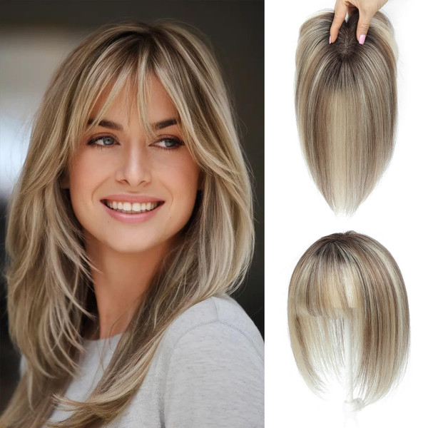 UIPEUBO Hair Toppers for Women Real Human Hair Toppers with Thinning Hairpieces for Women with Bangs 10 Inch Human Hair Topper for Cover Gray Roots (2T613#)