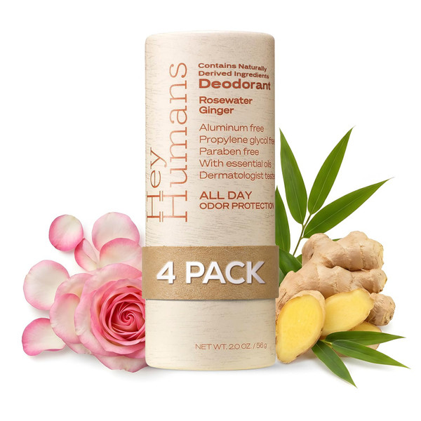 Hey Humans Deodorant, Aluminum Free Deodorant for Women and Men, Contains Naturally Derived Ingredients, All Day Odor Control, Refreshing Essential Oils, Earth Friendly Package, Rosewater Ginger