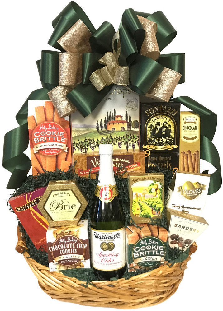 A delicious array of sweet and savory gourmet items that are great for sharing. Includes sparkling apple cider, nuts, assorted cookies, olives, cheese , crackers, European style coffee, honey mustard pretzels, Cinnamon Spice Cookie Brittle (Winner of the prestigious SOFI Award),   gourmet popcorn & chocolates. This gift basket is perfect for any holiday or occasion.