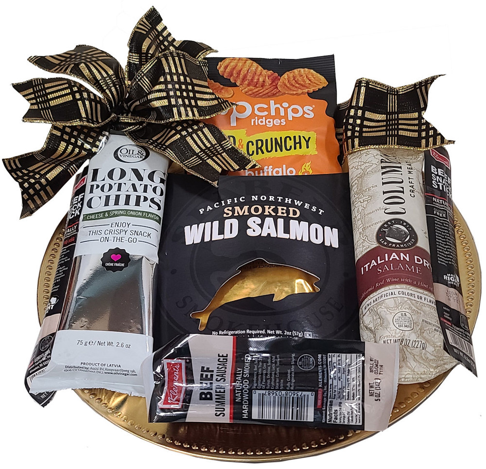 We have packed an elegant gold serving tray with beef sticks, salami, summer sausage, wild Alaskan salmon, savory and unique long potato chips, and bold and crunchy potato pop chips. Great birthday or Father's Day gift.