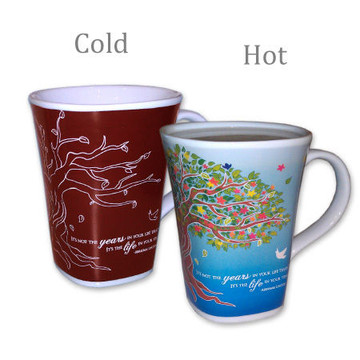 This beautiful and unique mug changes it's design and colors when Hot coffee, tea, or hot cocoa is added. As the bare tree turns magically in to a beautiful, colorful, blossoming tree, with a blue sky background, the words say, "It's not the years in your life that count, It's the life in your years!" It comes with a matching plaque that says "Enjoy Every Moment!"