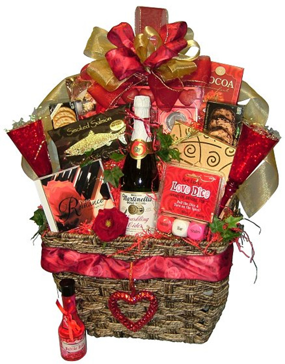 A large basket brimming with everything needed for a very romantic evening. Includes a romantic music CD, bubble bath, Love Dice game, apple cider with 2 glasses, romantic candles, Belgian Chocolate Truffles, cocoa, cheese & crackers, smoked salmon fillet, cookies and more.