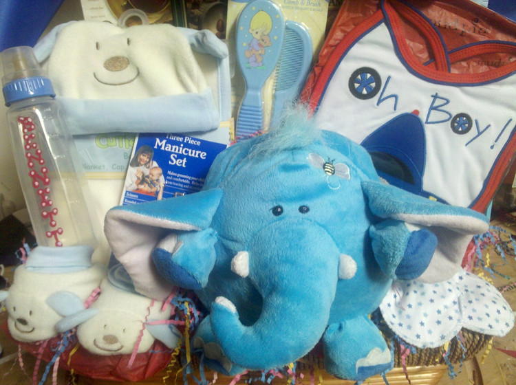 An adorable assortment of baby boy gift items, a plush animal and some goodies for mom and dad to share.
