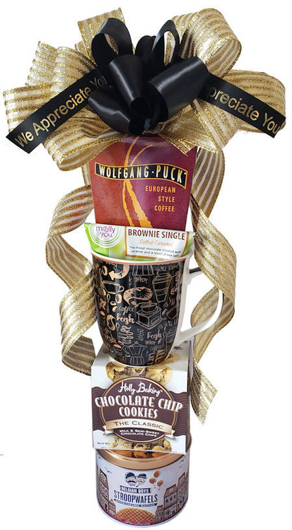 A very elegant and cool looking gift with a designer coffee cup, coffee and scrumptious desserts topped with a hand made bow and imprinted "You Are Appreciated!" ribbon. Includes:

A tin of caramel filled Stroopwafels. Put the cookie on top of your hot coffee or tea a few minutes to warm the caramel inside and enjoy!
European style coffee
A designer coffee mug (microwave safe)
An easy to make and delicious personal chocolate cake mix (Just stir mix with water in cup and bake a couple minutes in microwave)!
Classic chocolate chip cookies
Imprinted ribbon with "Thank You!"  or "You Are Appreciated! message"
Items of equal or greater value may be substituted depending on availability and the discovery of great new seasonal items.