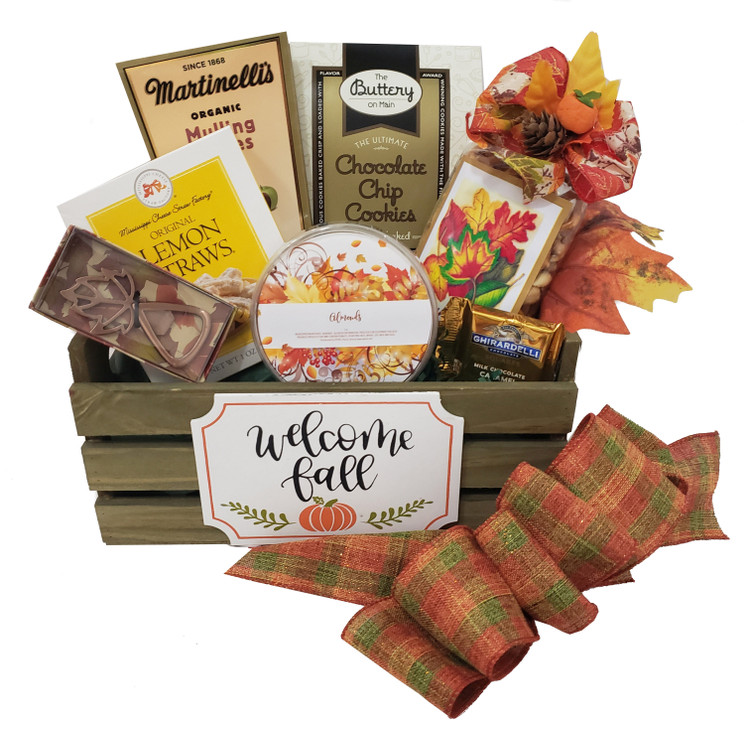 A Fall leaf bottle opener is included in this gift along with nuts, chocolate, chocolate chip cookies, lemon cookies, a festive Fall snack mix, and mulling cider, all presented in a wood crate.

Items of equal or greater value may be substituted depending on availability and the discovery of great new seasonal products.