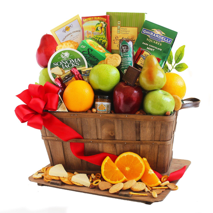 A fruit basket filled with apples, oranges, pears, snack mix, cookies, almonds, cheese, summer sausage and crackers. It makes a great Fall, Thanksgiving and Holiday gift as well as Birthday, Thank You and Get Well, too!
(Items of equal or greater value may be substituted, depending on availability, or discovery of great new items.)