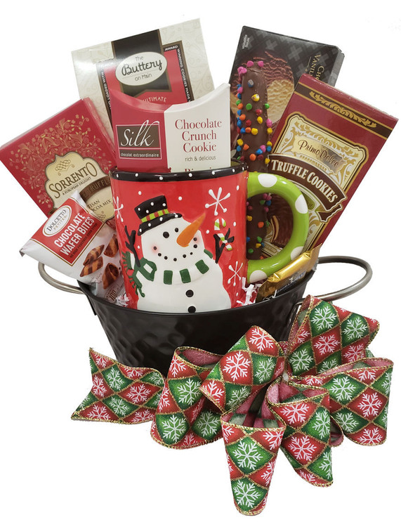 This is so adorable with the silver handled tin container and the over sized snowman mug, it always delivers big smiles! It is filled with hot cocoa, shortbread, chocolate truffle cookies, chocolate chip cookies, wafers, and a chocolate dipped pretzel rod.