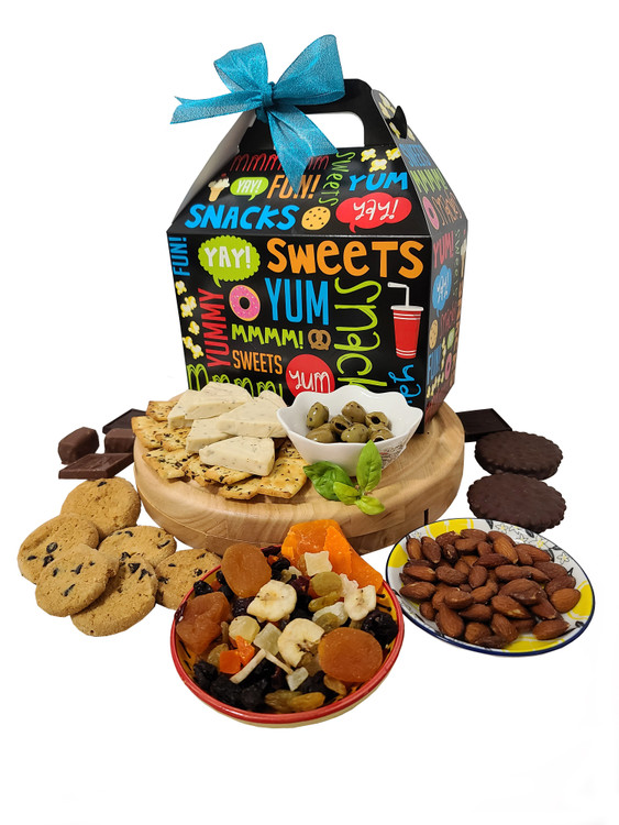 A delicious assortment of sweet and savory gourmet items perfect for sharing. Includes cheese, crackers, nuts, dried fruit, olives, chocolate chip cookies,  and chocolates. If you would like summer sausage instead of dried fruit, just put that in the note section.