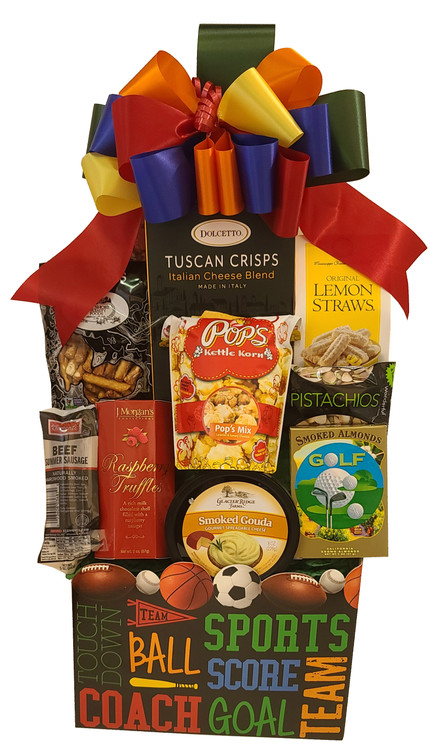 A festive, sport's themed gift box filled with a sweet and savory assortment of gourmet goodies and desserts.