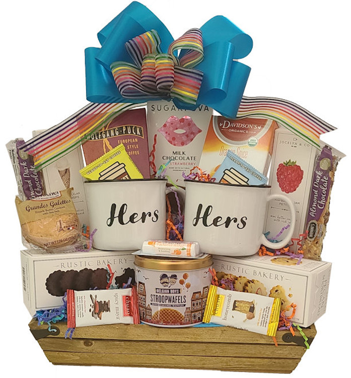 A delicious assortment of cookies, chocolates, assorted shortbread cookies, tea, coffee, biscotti, and two nice mugs, all designed in a wood crate.