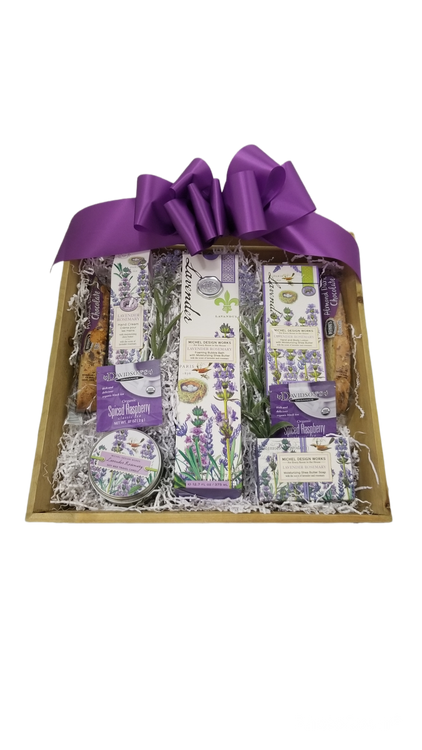 Beautifully packaged and luxurious lavender bath products nestled in a wood crate. Includes bubble bath, hand cream, body lotion, candle tin, and soap.