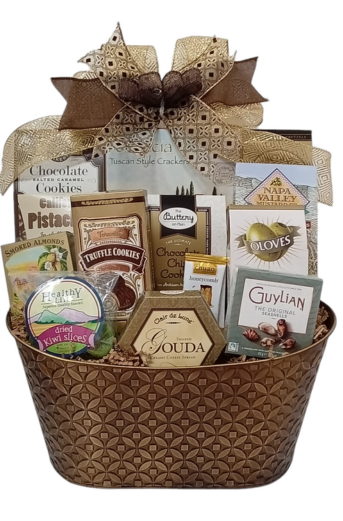 Our popular Taste Of San Diego baskets are always a big hit! They include a festive assortment of gourmet delights from San Diego & surrounding areas, Also includes crackers and cheese, pistachios, fruit & nut mix, coffee, biscotti, chips and salsa, almonds, honey mustard pretzels and chocolate Ghirardelli squares.
Call us if you want San Diego themed gifts custom designed for a special client, raffle prize, convention or event. Also famous for beach themed weddings.
(Items of equal or greater value may be substituted, depending on availability, or discovery of great new items.