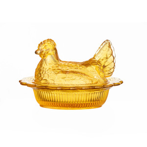 Mosser Glass Hen on Nest in Amber Color