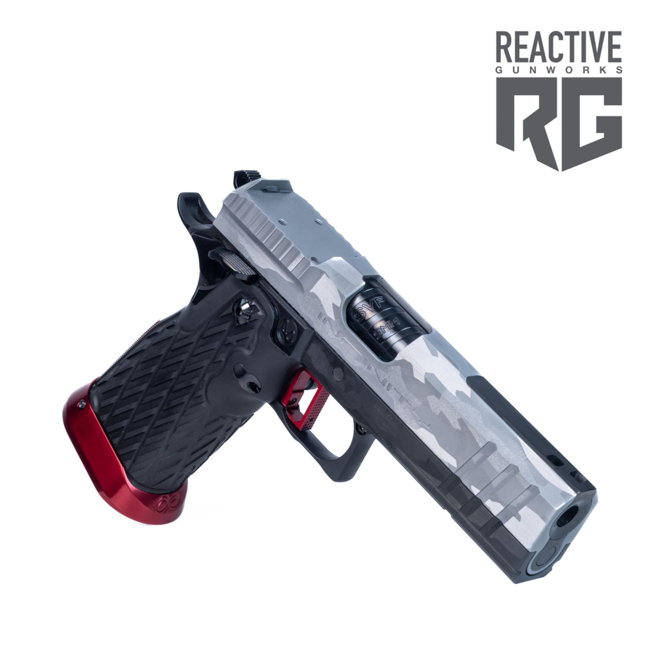 SV INFINITY HYBRID COMP 6IN、IED SVI Infinity IED Silver/Red 9MM Optic Ready | Reactive Gunworks
