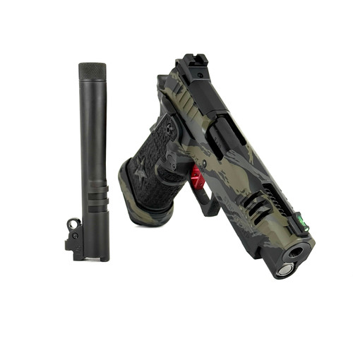 Monsoon Staccato P MCB Tiger Stripe Lucky 7's Infinity Trigger + Threaded Barrel Welder's Flash (9mm)