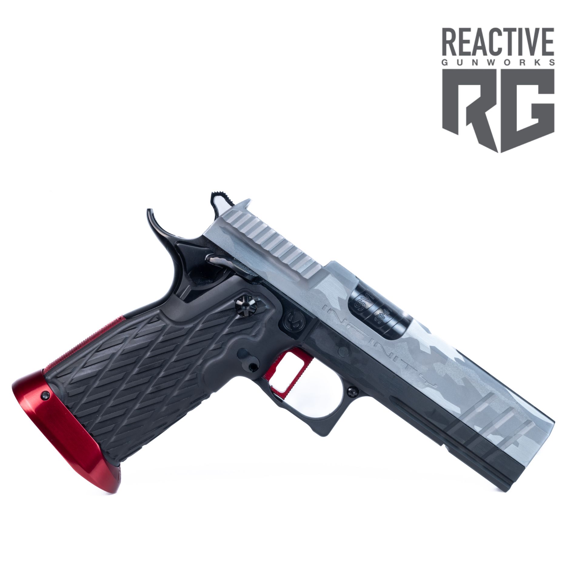 SV INFINITY HYBRID COMP 6IN、IED SVI Infinity IED Silver/Red 9MM Optic Ready | Reactive Gunworks