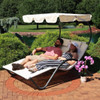 FastFurnishings 2 Person Off White Outdoor Patio Chaise Lounger Chair Canopy Bed with Pillows 