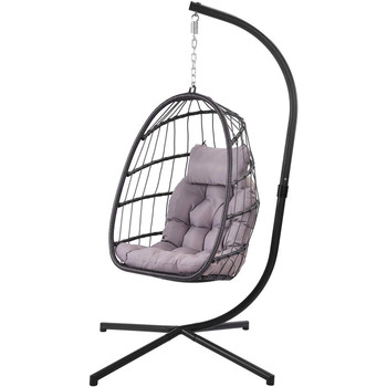 FastFurnishings Grey Indoor/Outdoor Wicker Rattan Aluminum Frame Swing Egg Chair Hammock 