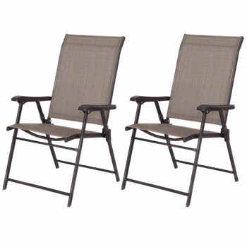 FastFurnishings Set of 2 Outdoor Folding Patio Chairs in Brown with Black Metal Frame 