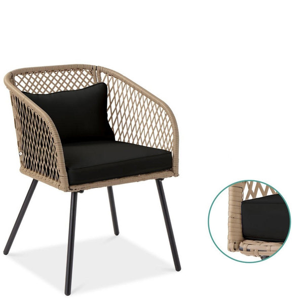 FastFurnishings 3 Piece Beige/Black Outdoor Weave Wicker Bistro w/ Tempered Glass Side Table Set 