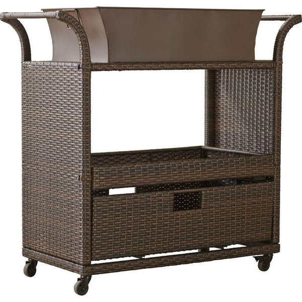 FastFurnishings Outdoor Sturdy Resin Wicker Serving Bar Cart with Tray Brown Rattan 