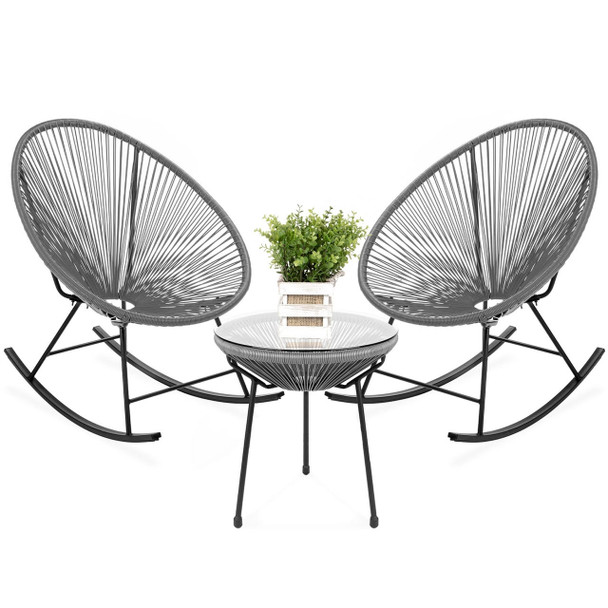 FastFurnishings 3 Piece Grey Oval Patio Woven Rocking Chair Bistro Set 