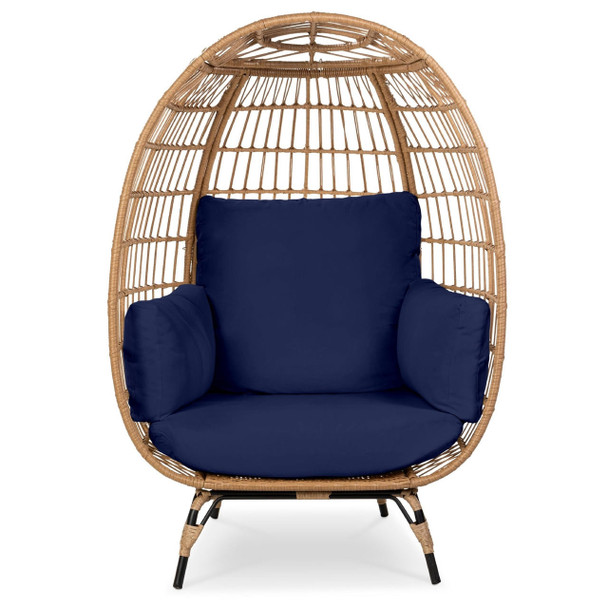 FastFurnishings Oversized Patio Lounger Indoor/Outdoor Wicker Rattan Egg Chair Dark Blue 