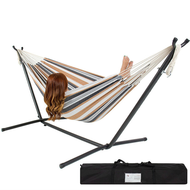 FastFurnishings Portable Cotton Hammock in Desert Stripe with Metal Stand and Carry Case 