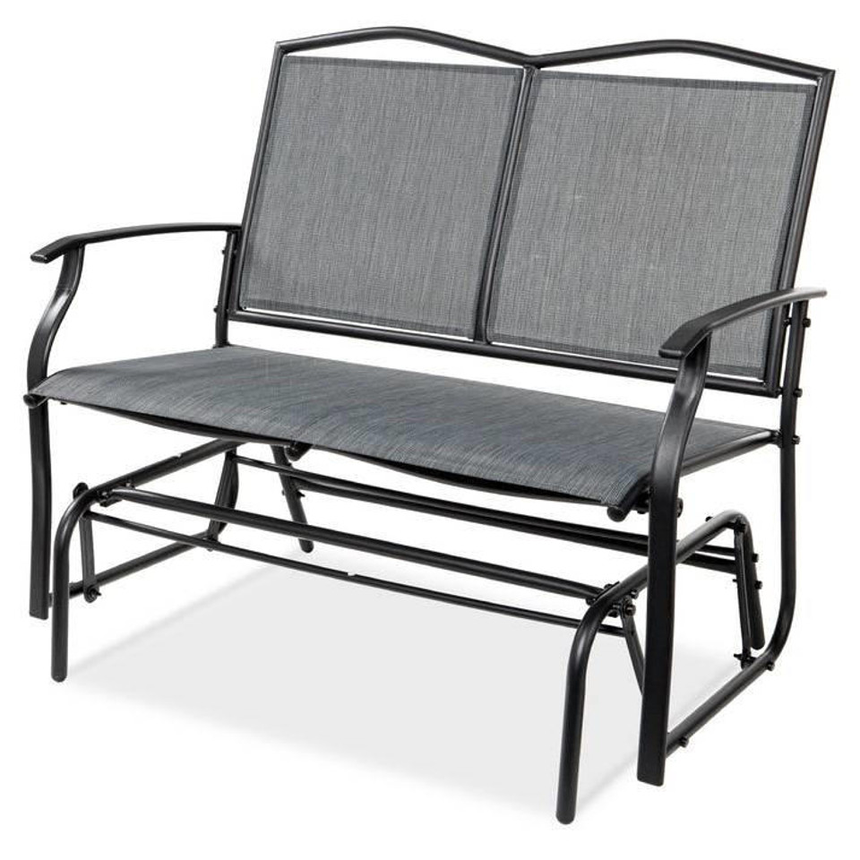 FastFurnishings 2 Seater Mesh Patio Loveseat Swing Glider Rocker with Armrests in Grey 