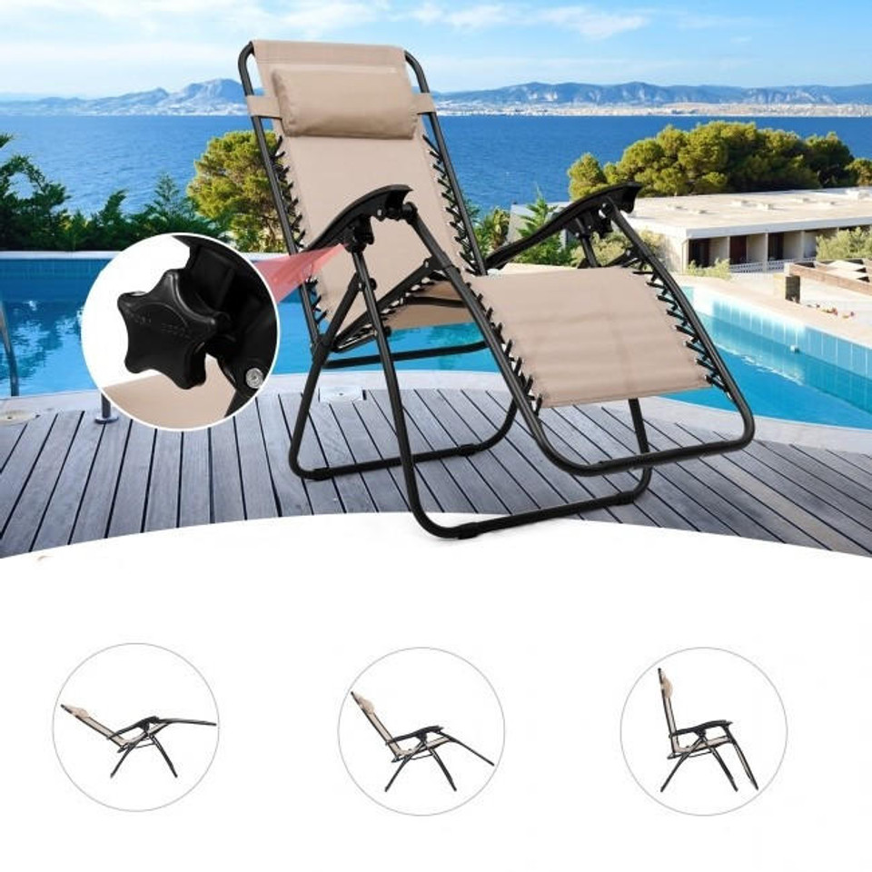 FastFurnishings 3 Piece Folding Portable Reclining Lounge Chairs Table Set Tan 