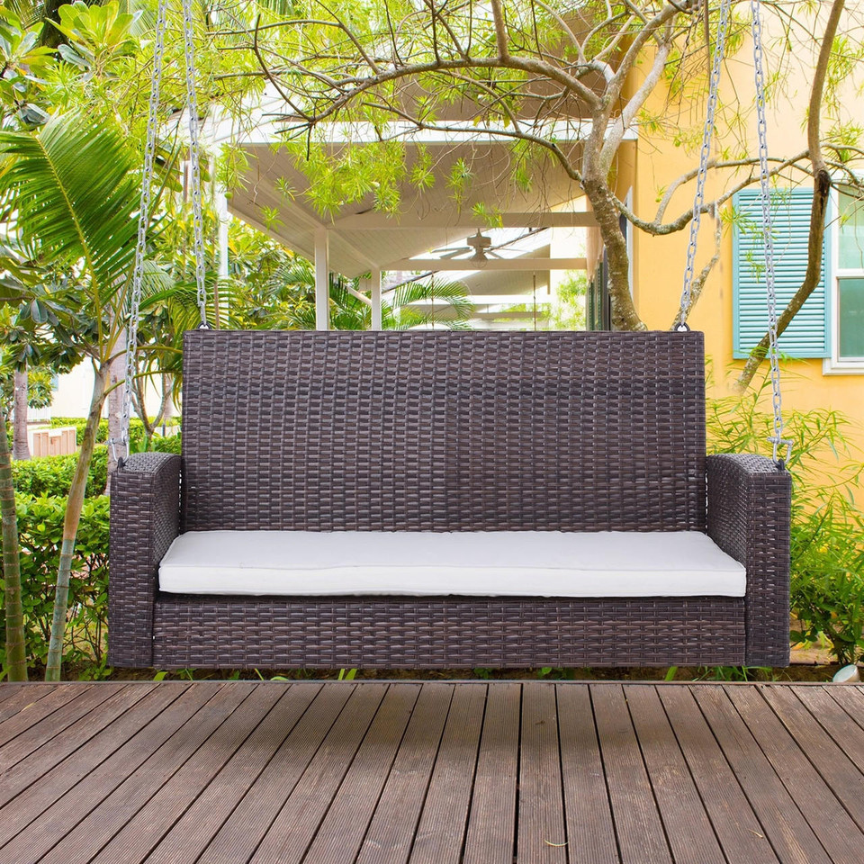 FastFurnishings Espresso Wicker Porch Swing 7ft Hanging Chain with Cream Padded Cushion 