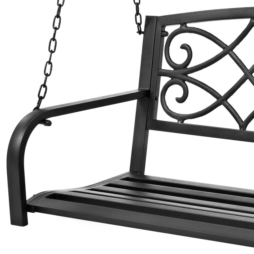 FastFurnishings Farmhouse Black Sturdy 2 Seat Porch Swing Bench Scroll Accents 