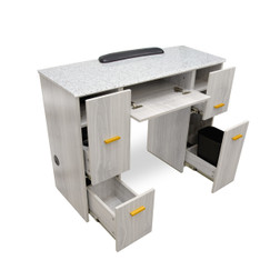 T-Spa Nail Salon Manicure Table, TIFFANY, Single, Light Gray with drawers open T-Spa Nail Salon Manicure Table, TIFFANY, Single, Light Gray with drawers open