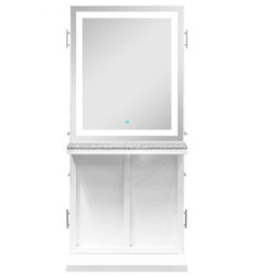 AURORA Double-Sided Hair Salon Station + LED Mirror White front view