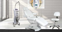 Silhouet-Tone Elite PLATINUM Tattoo Chair, View in Treatment Room with Technician Stool and Facial Machine