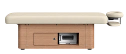 UL-Certifed ECLIPSE Salon Top Spa and Treatment Table + Wooden Cabinet Base, light beige with teak cabinet in flat position