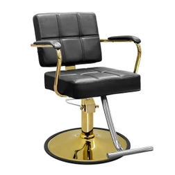 Oro Industrial-Style Hydraulic Styling Chair with gold base and chrome footrest