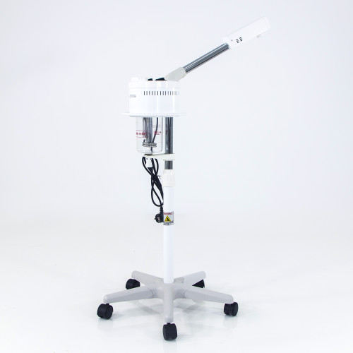 Silverfox Facial Steamer, F-003 + Ozone - A sleek metal facial steamer with an adjustable stand and a rotatable head.