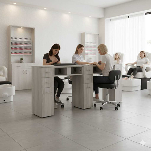 GrayGold Double Nail Table for Two Technicians with Storage