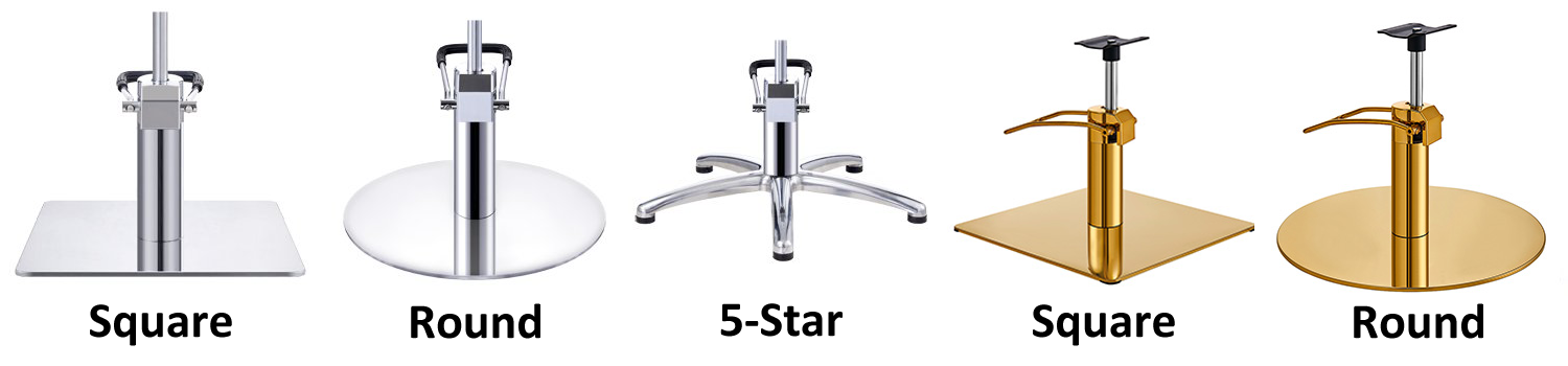 Chair base options in silver or gold, square, round, or 5-star