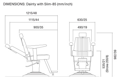 Dainty Barber Chair Dimensional Drawing