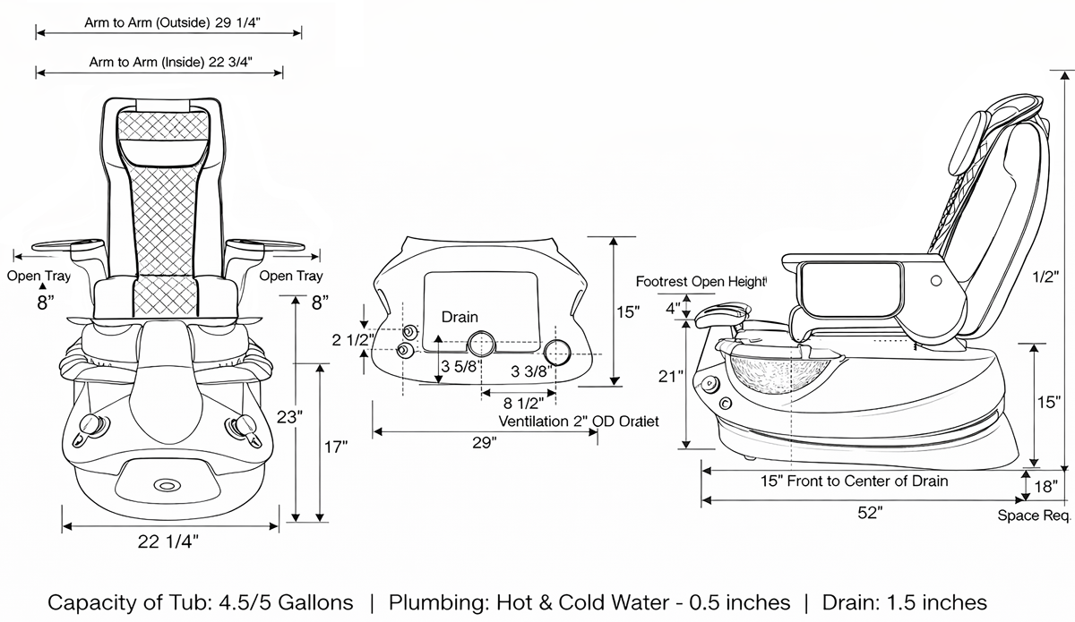 Empress G5 Pedicure Chair dimensions