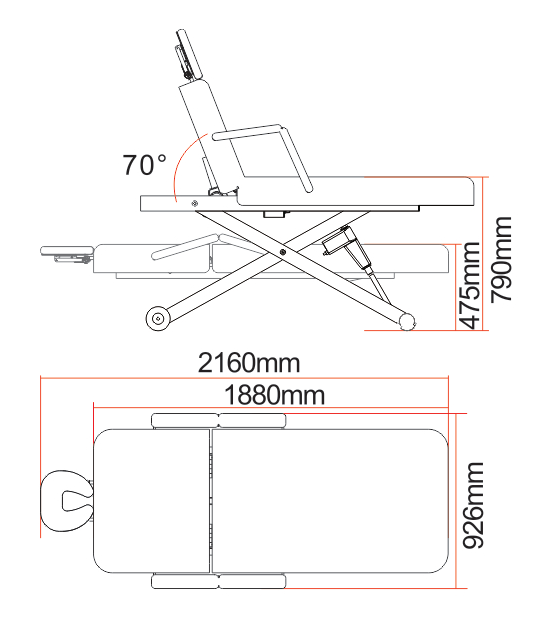 KONA Tilt Back Massage Table Dimensions