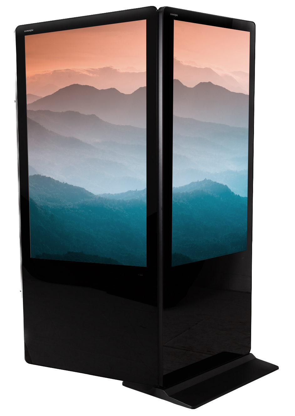 A sleek and modern double-sided vertical touch screen kiosk, standing at 55 inches tall. The vibrant LG 4K LED display showcases captivating travel imagery, while the touch screen interface invites customers to interact and explore. The kiosk is elegantly designed with a slim profile and sturdy construction, making it an ideal addition to any travel agency environment.