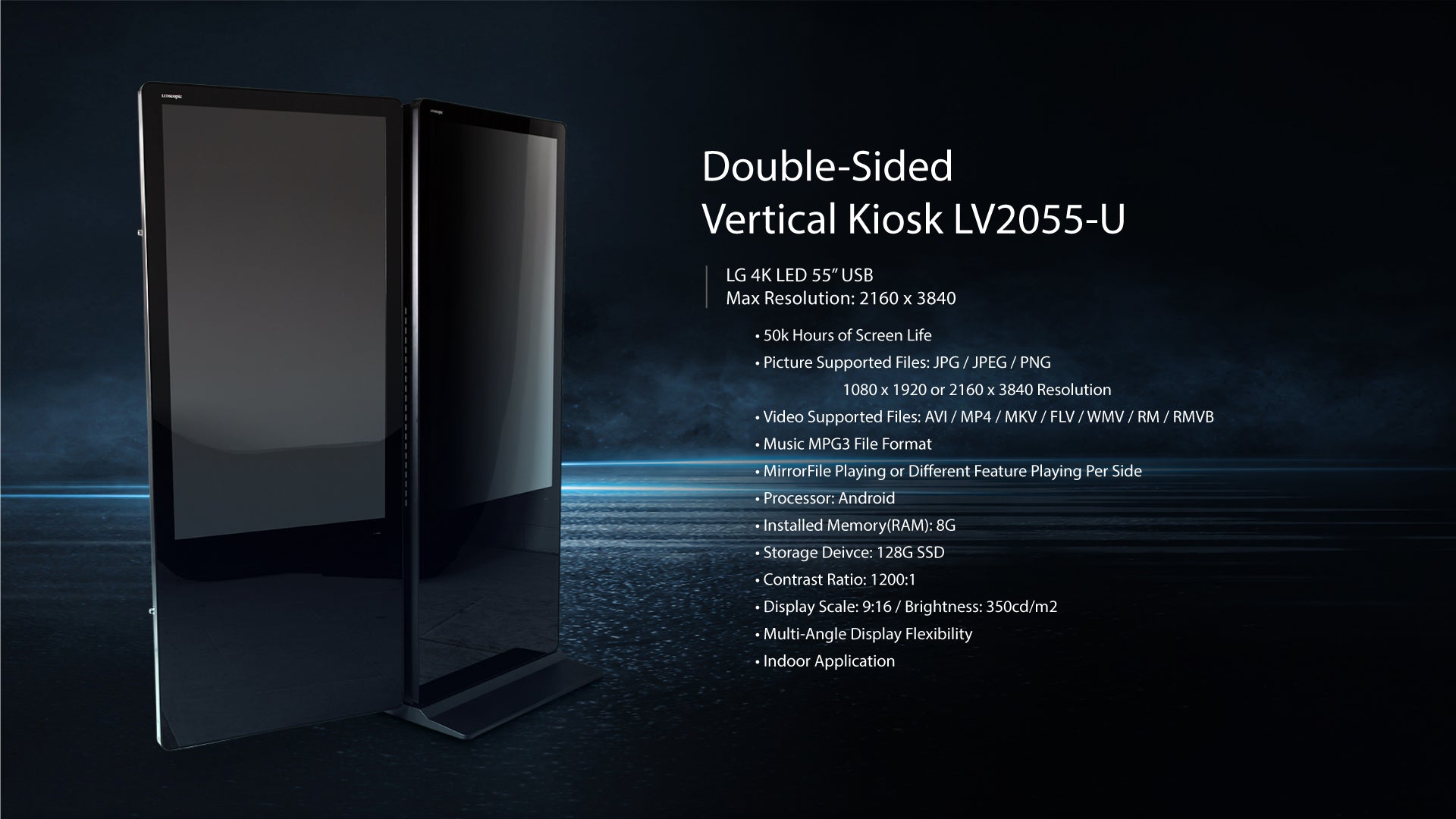 LEDScopic Double-Sided Vertical Touch Screen Kiosk, 55