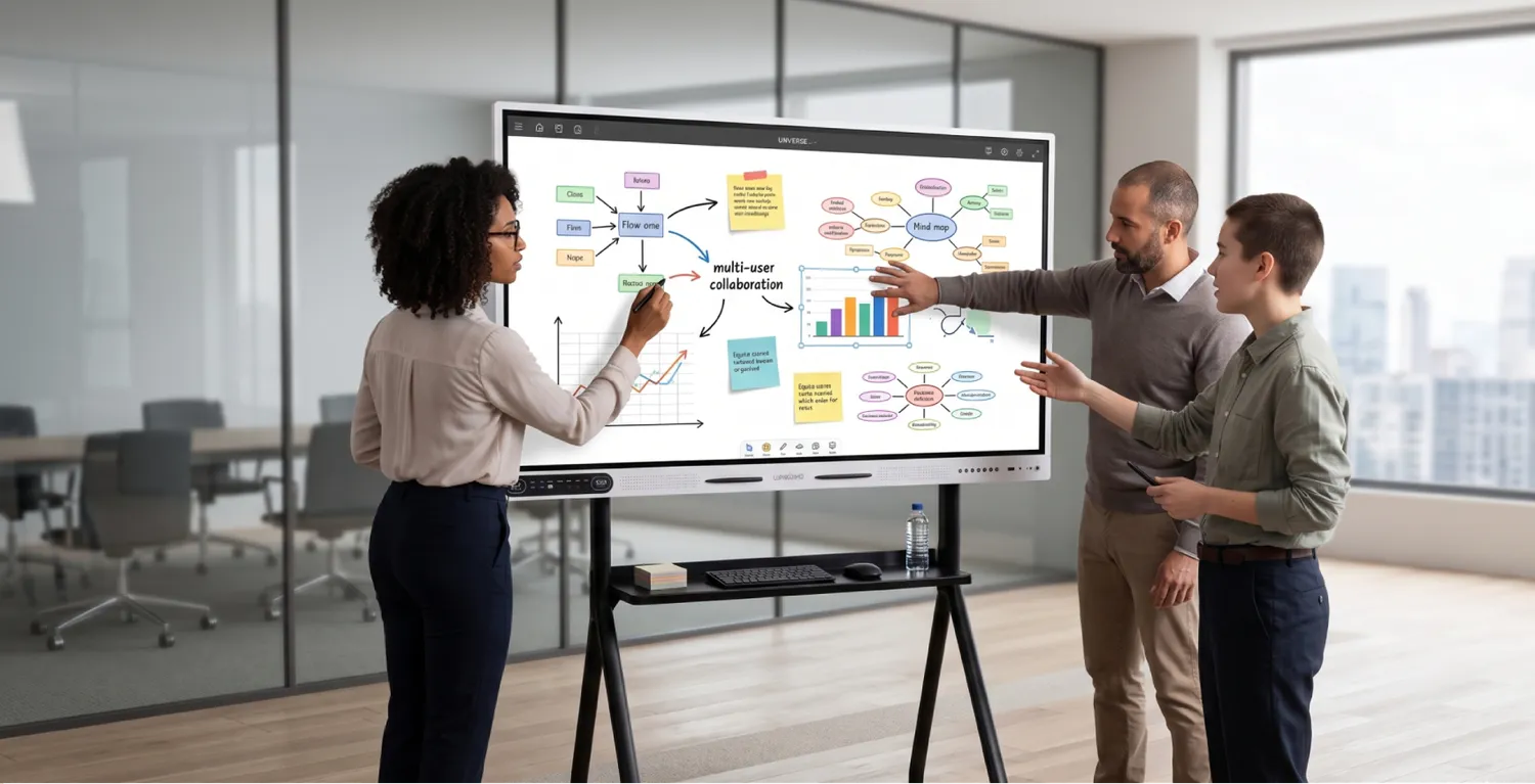 Several people collaborating on the multi-touch smart board