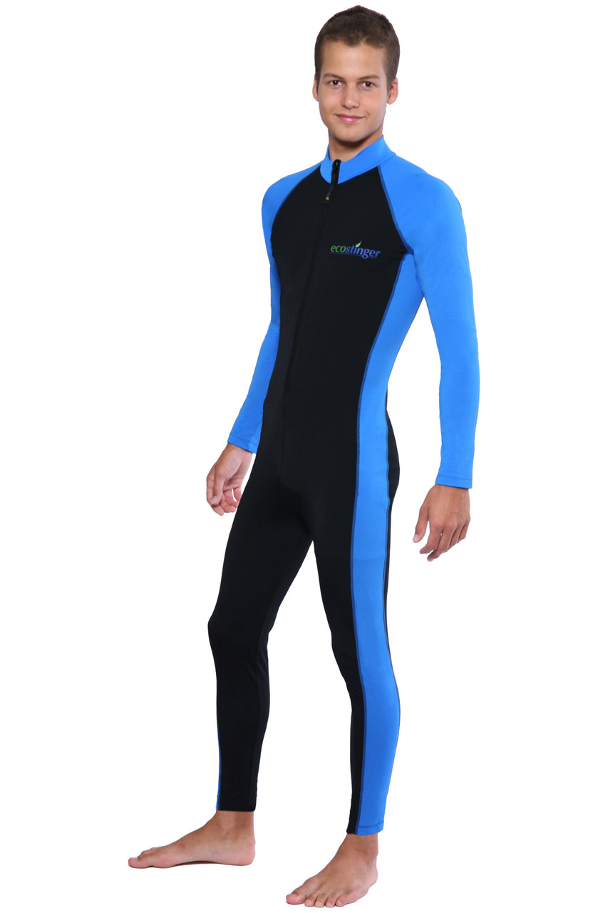 Men UV Protection Stinger Swimsuit With Hood Dive Skin UPF50+ Black Silver  Stitch (Chlorine Resistant) - EcoStinger