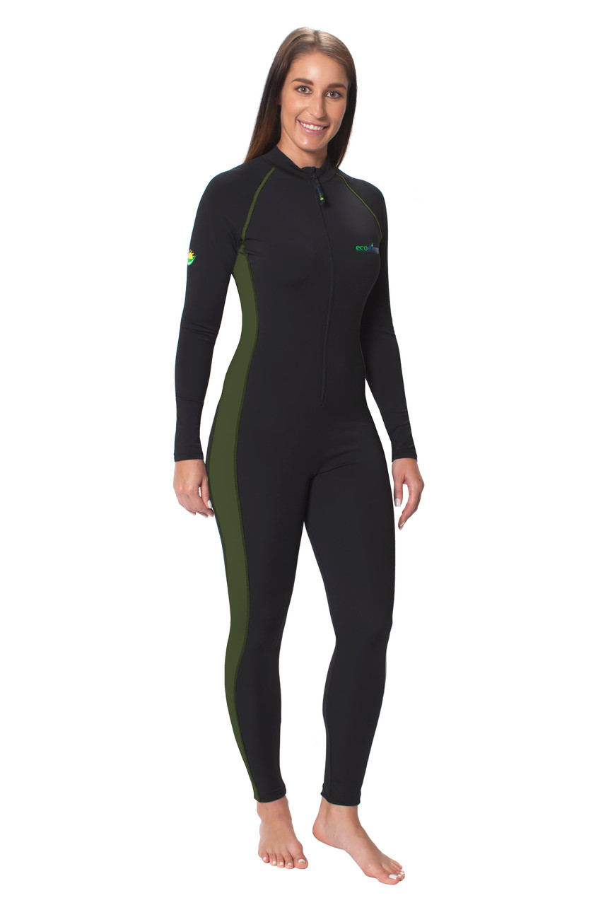 Women Full Body Coverup Swimsuit With Arm Pocket UPF50+ Sun Protection  Black Khaki (Chlorine Resistant) - EcoStinger